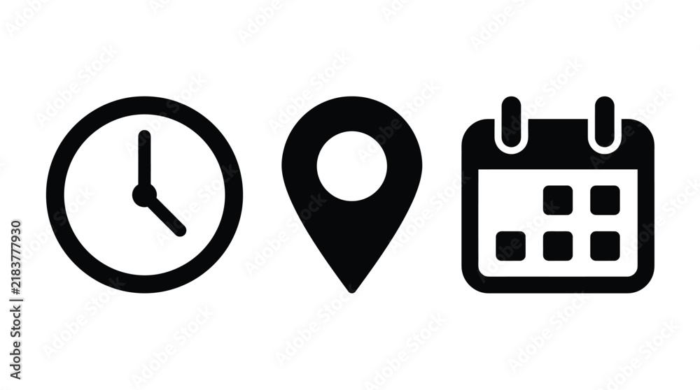 © Mahinur - Time, location and calendar icon set illustration. Minimalist black symbols representing clock, map pin, date, schedule, appointment, navigation, and event planning. © Mahinur - Time, location and calendar icon set illustration. Minimalist black symbols representing clock, map pin, date, schedule, appointment, navigation, and event planning.