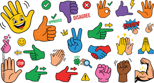 Colorful hand gesture vector sticker set with funny cartoon emoji signs thumbs up handshake and communication