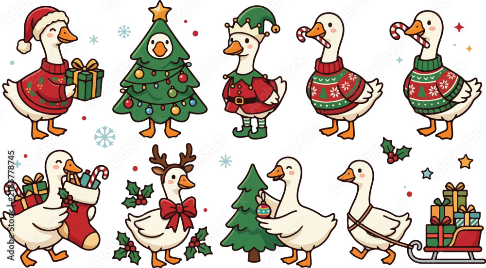 Obraz premium Set of cute hand drawn geese characters celebrating christmas with gifts trees and festive clothing for seasonal holiday design projects