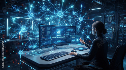 Data scientist working with glowing neural network interface in a high-tech server room