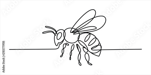 Continuous single line drawing of a flying honey bee insect in black ink style