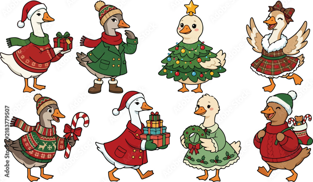 Fototapeta premium Set of cute hand drawn geese wearing festive christmas sweaters hats and scarves holding gifts isolated on white background
