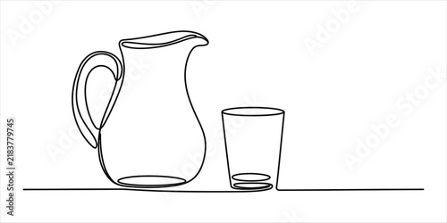 Continuous single line drawing of a glass water pitcher and a drinking glass cup
