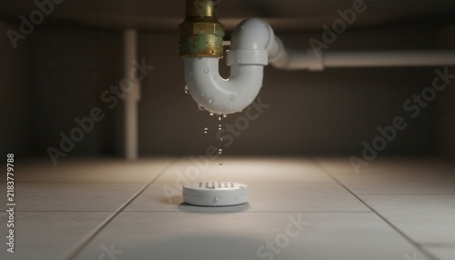 Object first close up photograph of a residential water leak detector sensor placed on a tiled floor beneath a kitchen sink plumbing trap