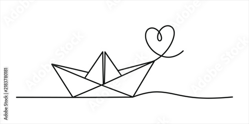 Continuous single line drawing of a paper boat with a heart shape symbol on top