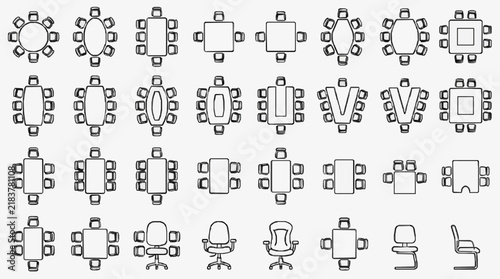 Diverse Office Seating and Table Arrangement Line Icons Collection