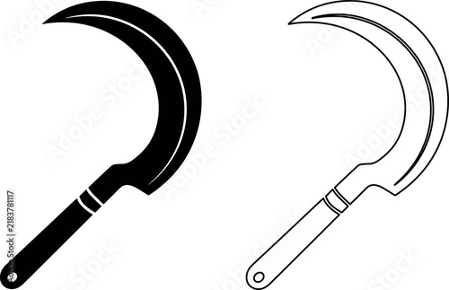Foto Two minimalist vector sickle icons showing solid and outline styles for harvesting tools isolated on a white backdrop