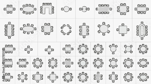 Diverse Office Conference Table Layouts with Seating Arrangements for Meetings