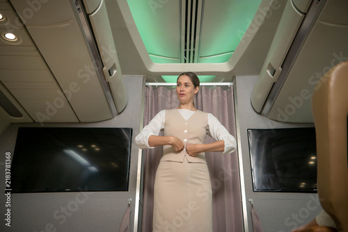 Quadro su tela Professional flight attendant preparing for inflight service inside a modern com