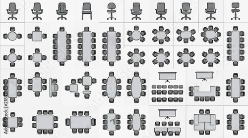 Comprehensive Office Seating and Table Arrangement Icons for Interior Design