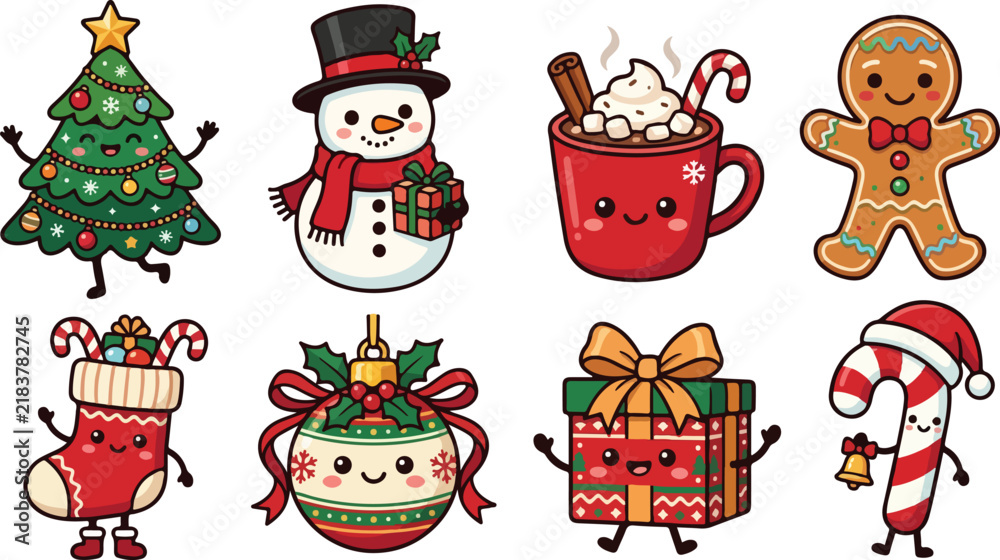Fototapeta premium Set of cute hand drawn christmas characters including a snowman tree gingerbread man stocking gift ornament and candy cane