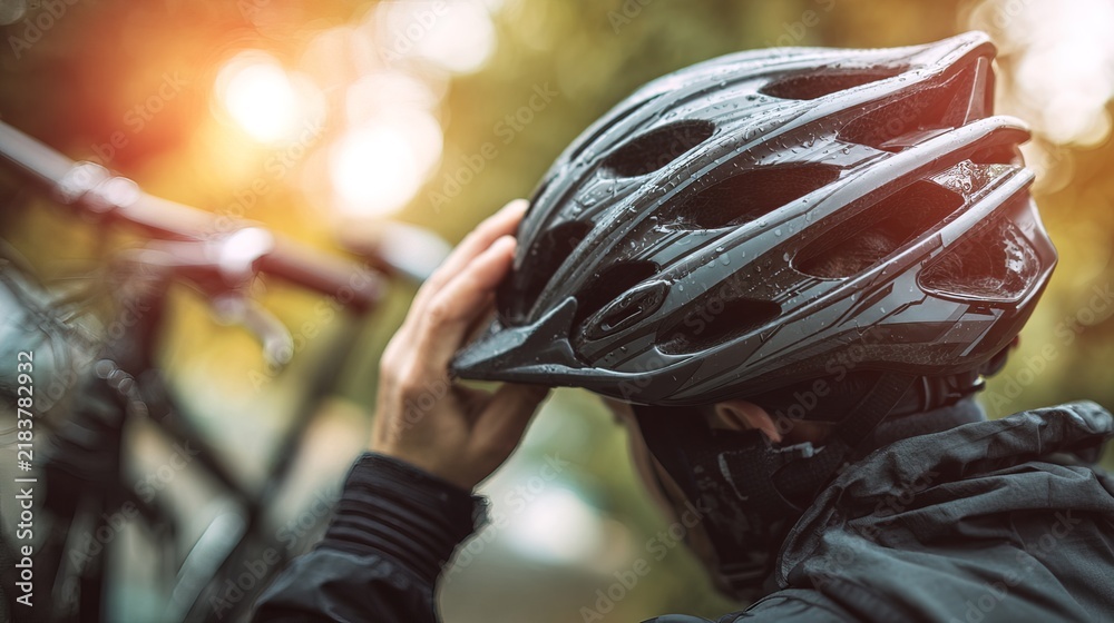 Obraz premium Rear view of cyclist putting on black wet helmet in forest at sunset. Concept professional mountain bike apparel store catalog, outdoor rainy weather workout or cycling safety guide