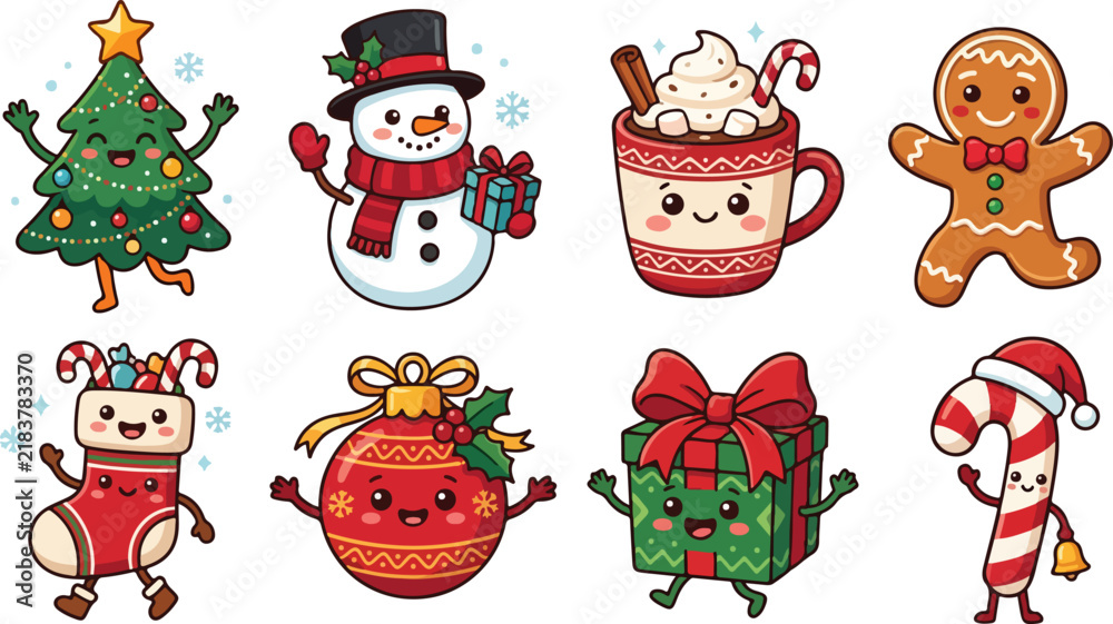 Fototapeta premium Set of cute kawaii style christmas characters including a snowman gingerbread man tree gift and festive holiday drink illustrations