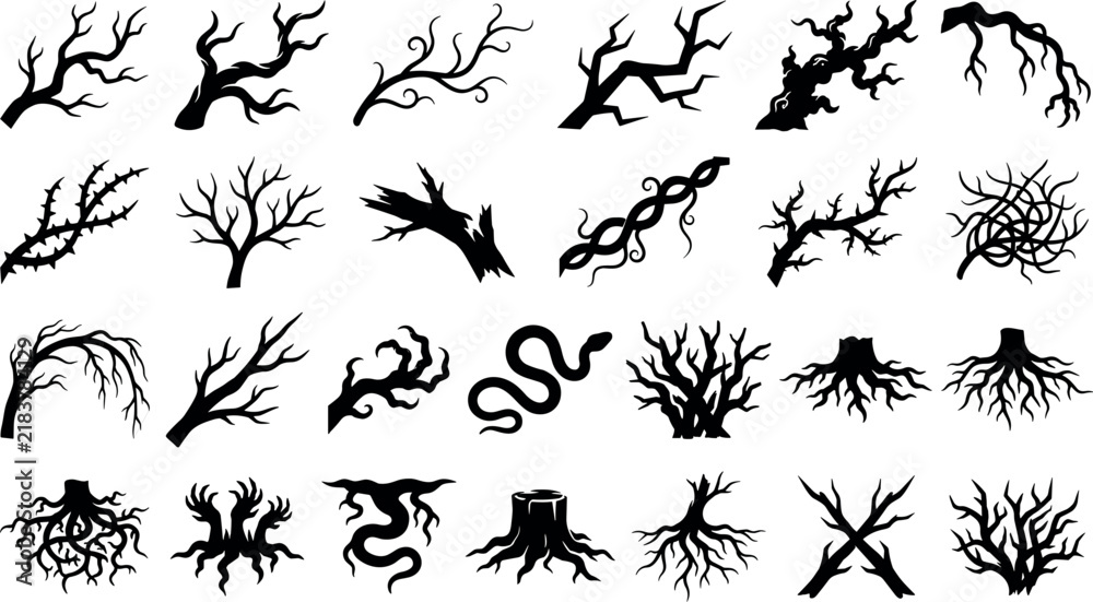 Fototapeta premium Creepy dead branch and tree root silhouette icon set for Halloween designsCreepy dead branch and tree root silhouette icon set for Halloween designs