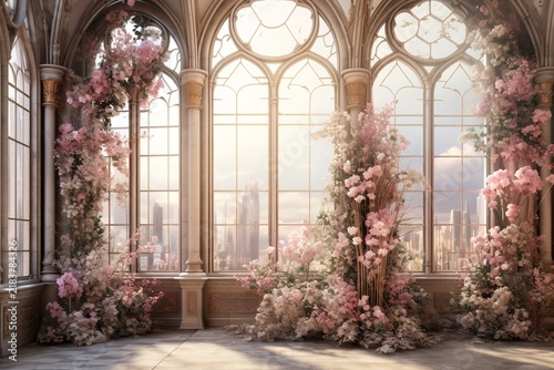 Romantic gothic hall with large arched windows decorated with lush pink floral arrangements. luxury wedding venue brochure, event planner portfolio background or premium fashion brand campaign banner