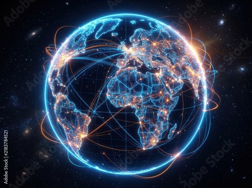 Digital globe showing global communication networks and connection lines at night