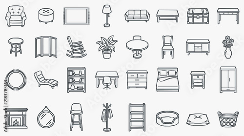 Comprehensive Collection of Line Art Home and Office Furniture Icons
