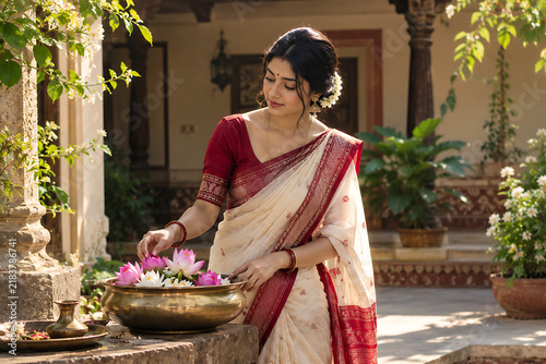 Elegant Indian Woman Arranging Lotus Flowers in Traditional Courtyard