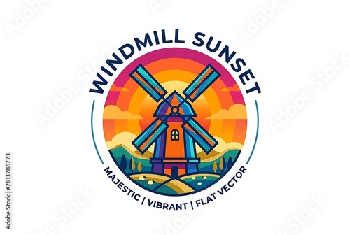 Majestic Flat Vector Windmill Logo Icon at Sunset