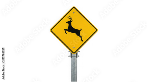 Yellow warning sign with deer silhouette on pole
