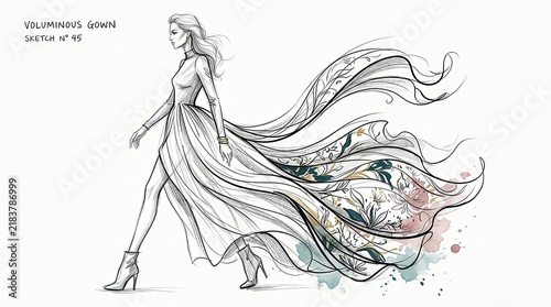 Fashion sketch of a woman in a flowing gown walking on a runway