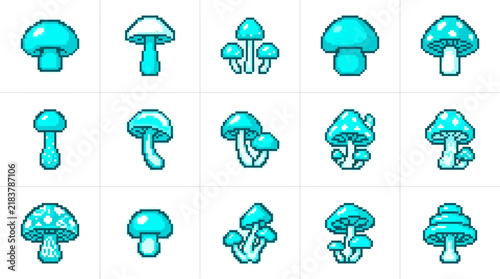Professional Pixel Art Collection of Colorful Cyan Mushrooms in Various Styles and Arrangements