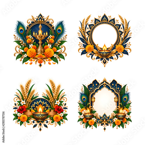 Set of four ornate diwali diya lamp frames decorated with flowers isolated on transparent background