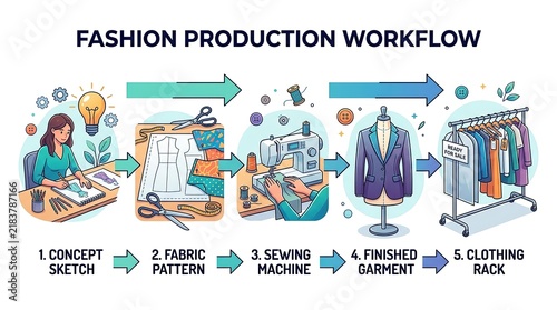 Fashion Production Workflow Infographic Showing Clothing Manufacturing Process Steps