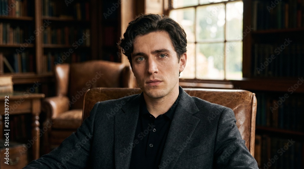 Fototapeta premium Thoughtful Young Man with Curly Hair in Elegant Study Room at Dusk