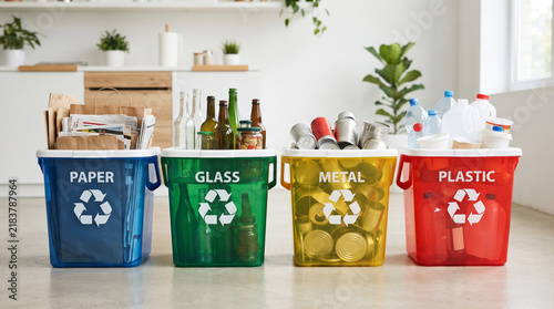 Sorted recycling bins for paper glass metal and plastic waste in a bright home kitchen.