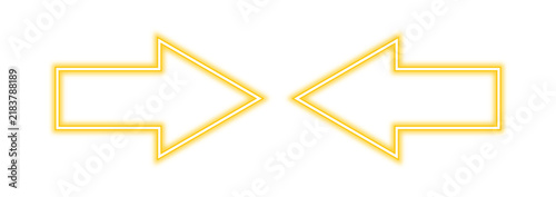 Fotografie Two opposing neonstyle yellow arrows pointing towards each other isolated on tra