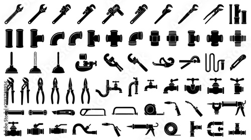 Plumbing Tool Icons and Pipe Silhouette Collection on White Background
