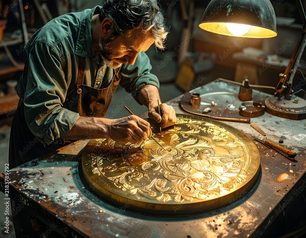 Fototapeta premium Skilled artisan carving intricate gold design on large ornate round metal artwork in workshop