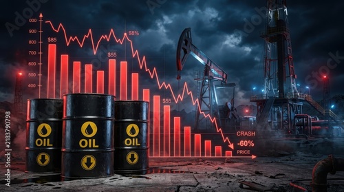 Oil barrels with a falling financial graph showing a sharp decline in crude oil prices on a dark industrial background
