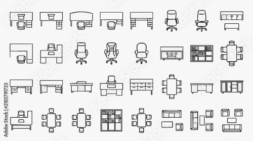 Office furniture icons collection for interior design and workspace planning