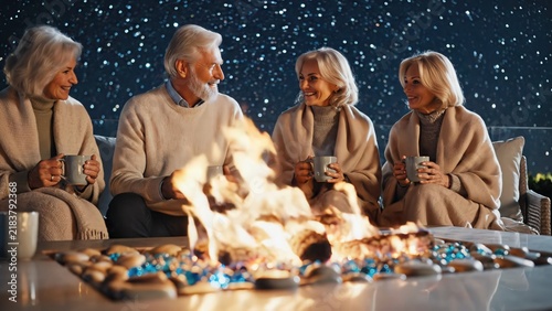 Group of four elderly friends enjoying warm beverages by a cozy fire pit under a starry night sky, wrapped in blankets, sharing laughter and conversation