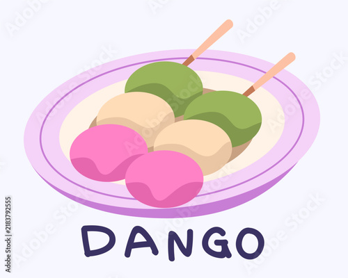 Japanese Dango dessert vector illustration with traditional three-color rice dumplings on skewer and plate