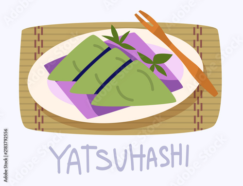 Traditional Kyoto sweet Yatsuhashi food vector in flat design style with wooden fork and plate