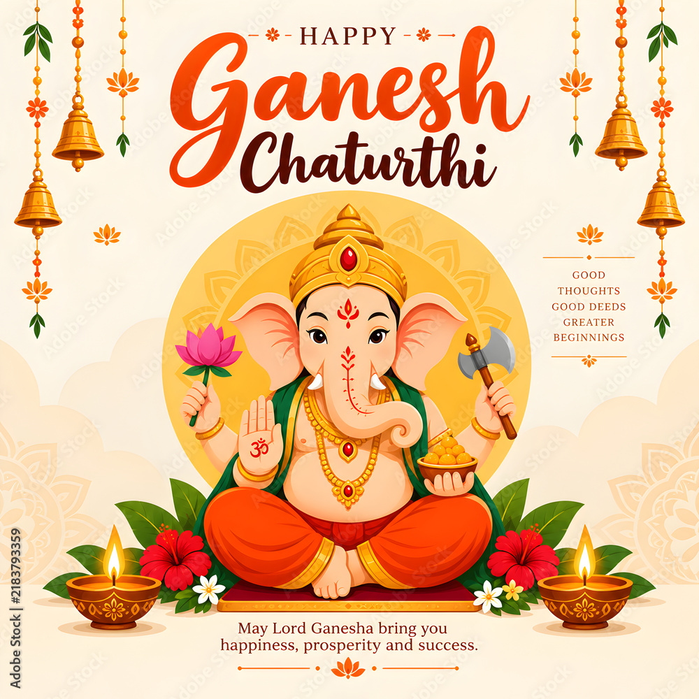 Naklejka premium Happy Ganesh Chaturthi Greeting Card with Lord Ganesha, Diyas, Temple Bells and Traditional Indian Festival Illustration
