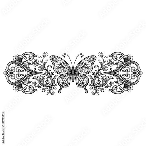 Ornate Symmetrical Butterfly and Floral Line Art Decoration