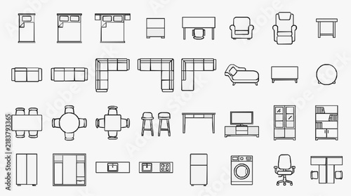 Comprehensive Line Drawing Set of Furniture and Home Office Essentials