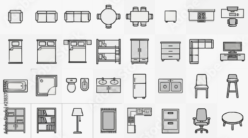 Comprehensive Collection of Household Furniture and Fixtures Line Icons Set