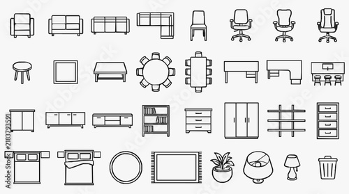 Comprehensive Set of Office and Home Furniture Line Icons for Design Projects