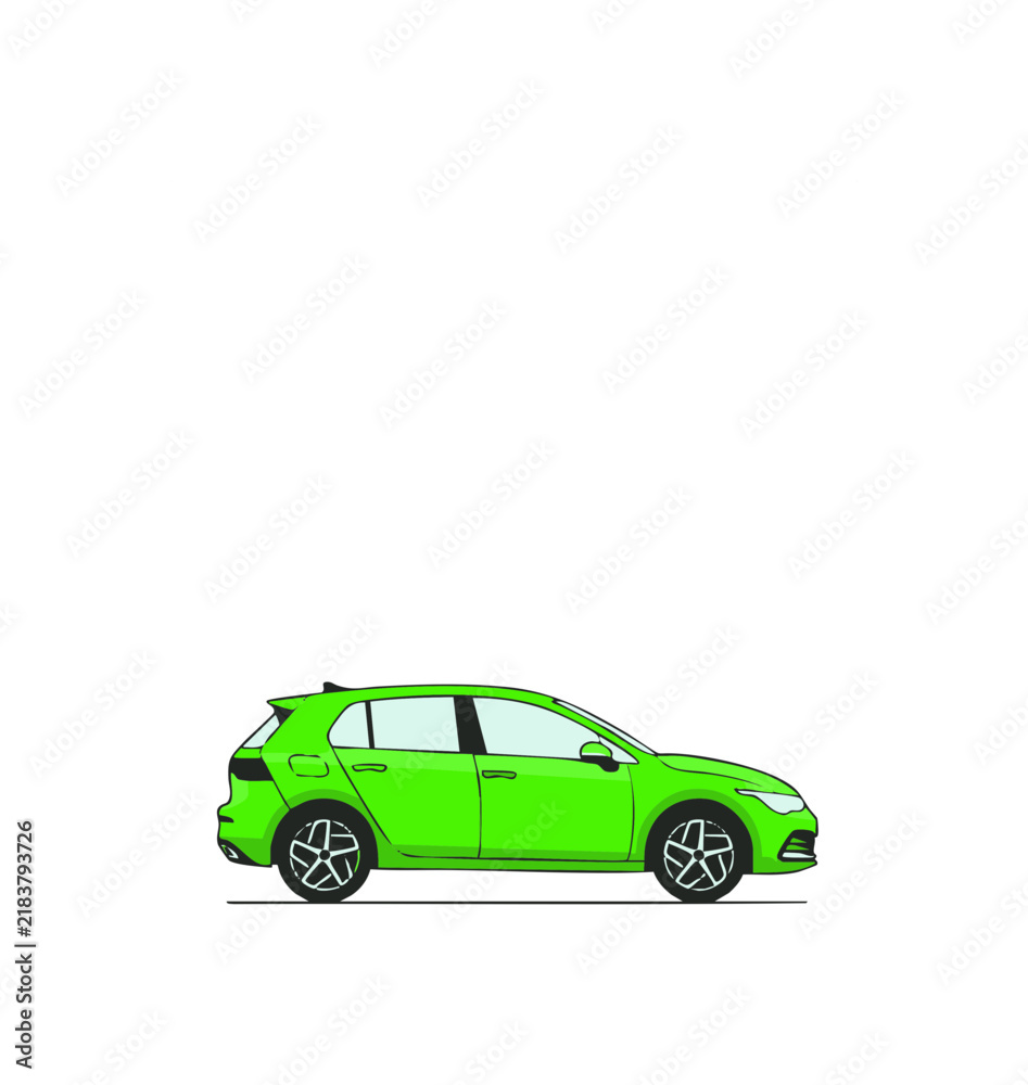 Fototapeta premium Side view of a modern green hatchback car isolated on a white background.