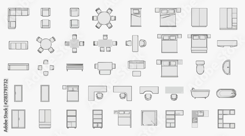 Comprehensive collection of furniture floor plans and icons for interior design projects