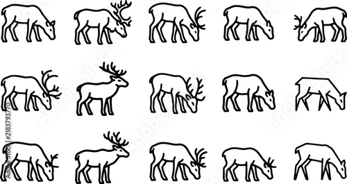 Grazing reindeer linear icon set for winter nature and seasonal graphic templates.