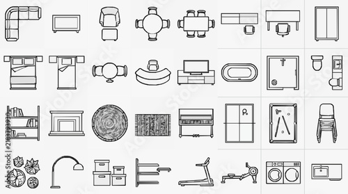 Comprehensive Line Drawing Icons Set of Home and Office Furniture and Appliances