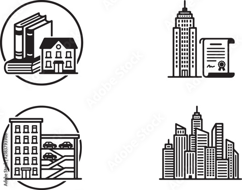Line art icons depicting educational building office center parking garage and urban city skyline.