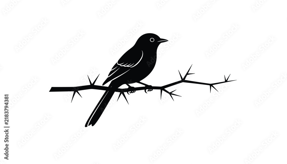 Obraz premium Black bird silhouette perched on a thorny tree branch, depicting nature and wildlife in a minimalist graphic style.