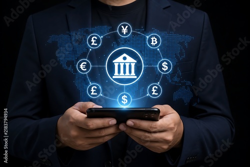 Businessperson viewing financial symbols and bank icon on smartphone screen